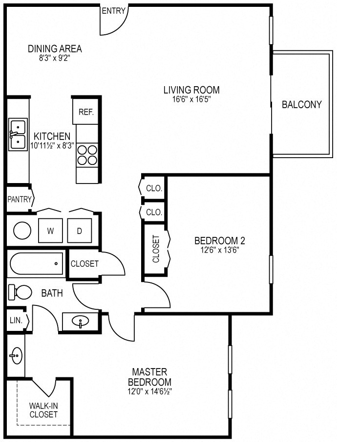 Floor plan for 2 beds, 1 bath, 1150 sqft